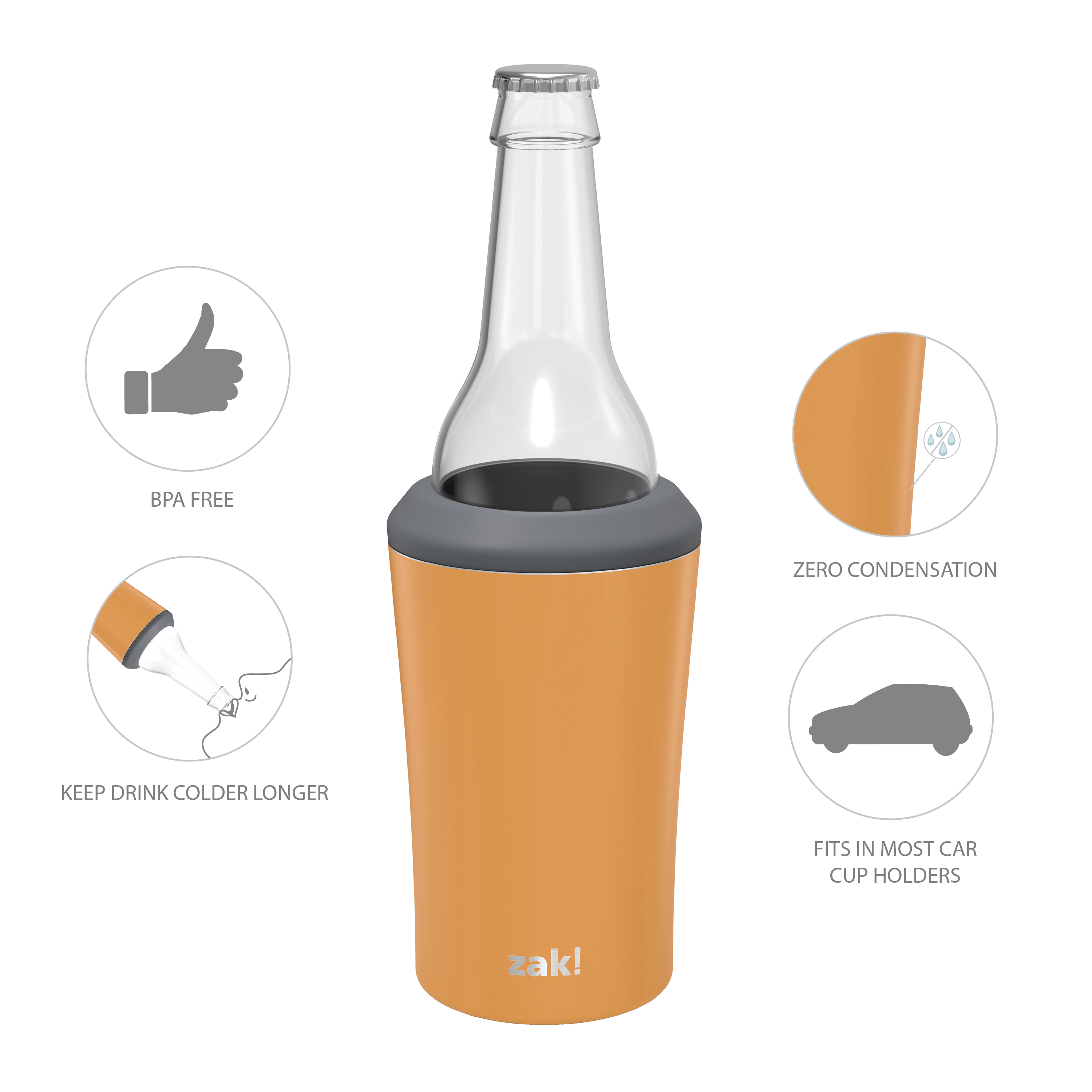 Zak Hydration 12 ounce Double Wall Stainless Steel Can and Bottle Cooler with Vacuum Insulation, Tangerine slideshow image 7 Zak Hydration 12 ounce Double Wall Stainless Steel Can and Bottle Cooler with Vacuum Insulation, Tangerine slideshow image 7