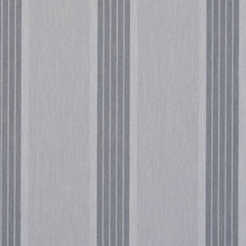 Grey striped curtain with wide pale panels and narrower dark pinstriped bands, hanging flat and covering a window; soft, even lighting suggests a neutral interior.