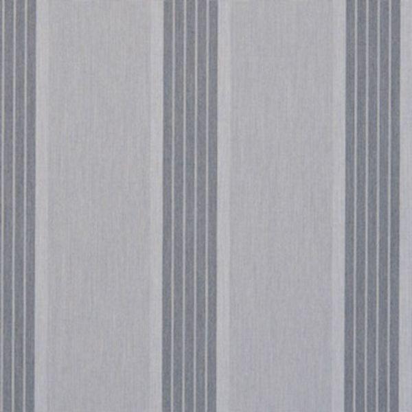 Grey striped curtain with wide pale panels and narrower dark pinstriped bands, hanging flat and covering a window; soft, even lighting suggests a neutral interior.