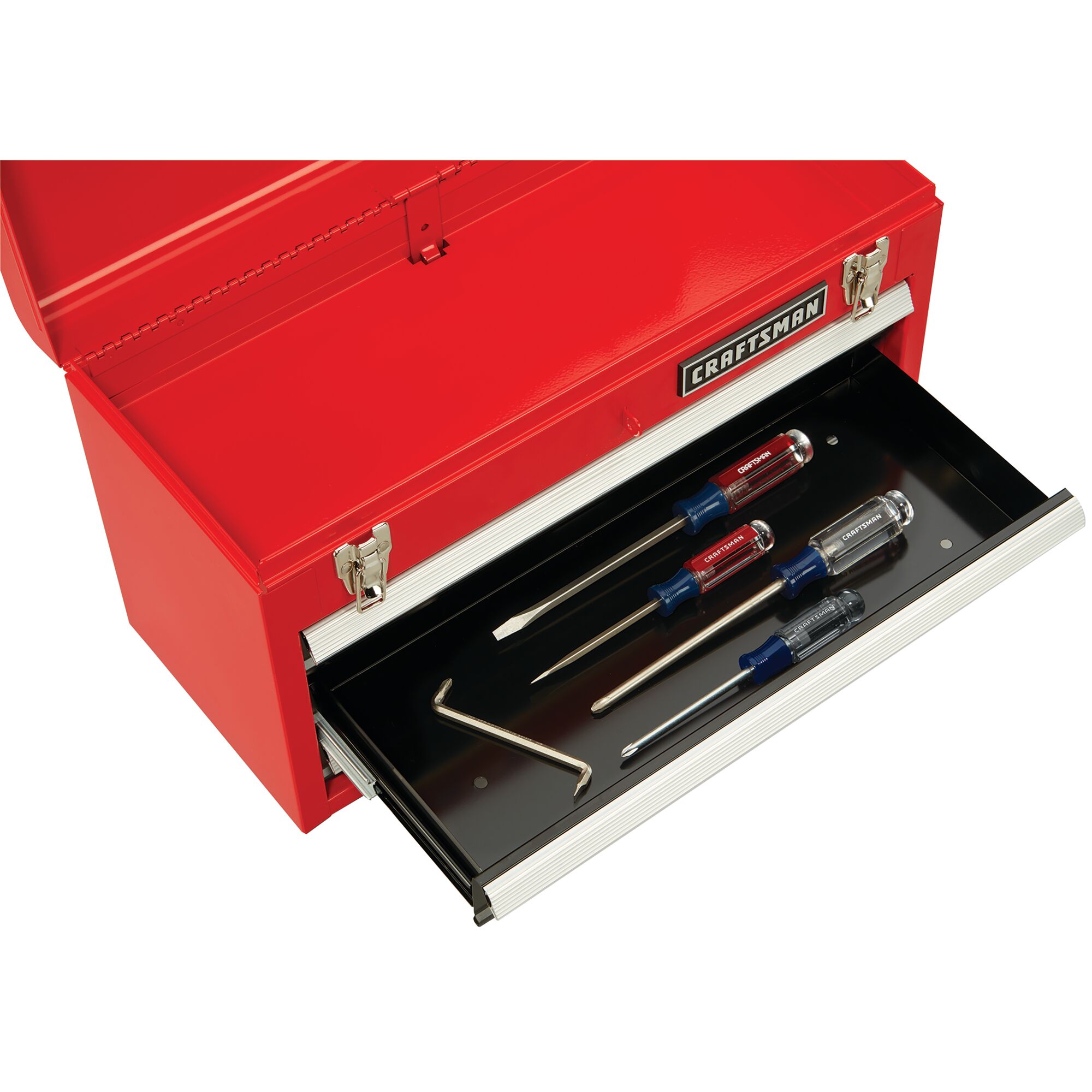 Tools stay organized in drawers feature of portable 20.5 Inch ball bearing 3 drawer steel lockable tool box.