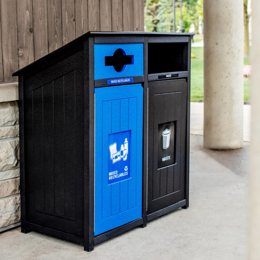 double recycling and waste container outside at a city park