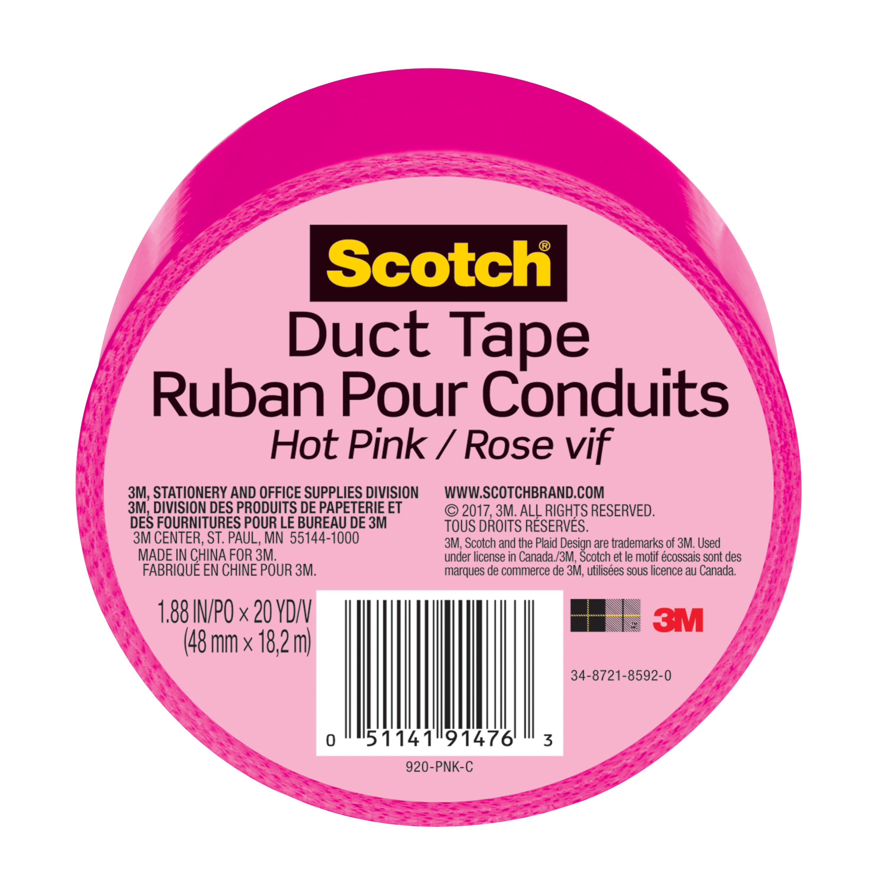 Scotch® Duct Tape 920-PNK-C, 1.88 in x 20 yd (48 mm x 18,2 m), Pink