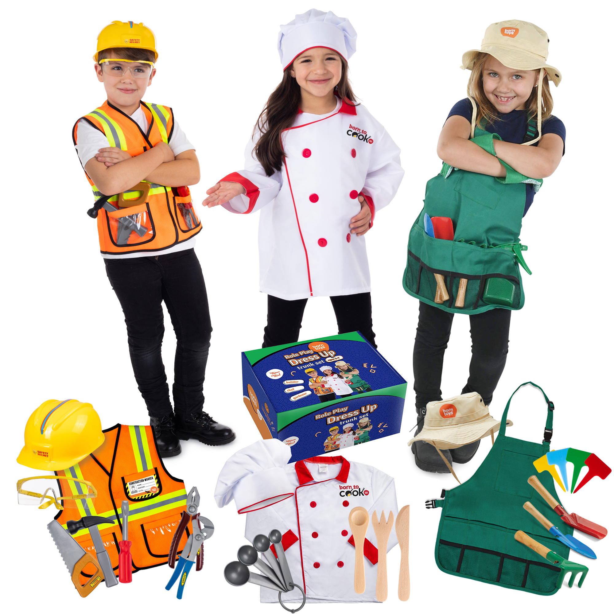 Bintiva Dress Up / Drama Play Helping At Home Trunk Set, Construction Worker-Chef-Gardener image number null