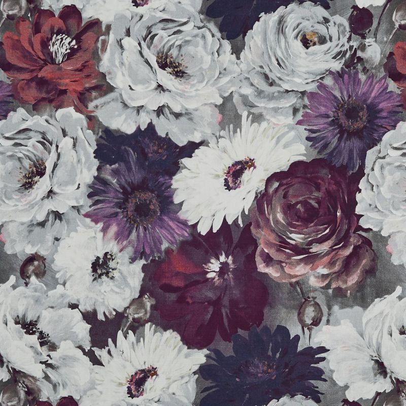 Painterly floral fabric (roses, daisies in white, burgundy, purple) covering a flat surface, displaying overlapping blooms in a repeating pattern, soft muted tones and subtle textured brushstrokes.