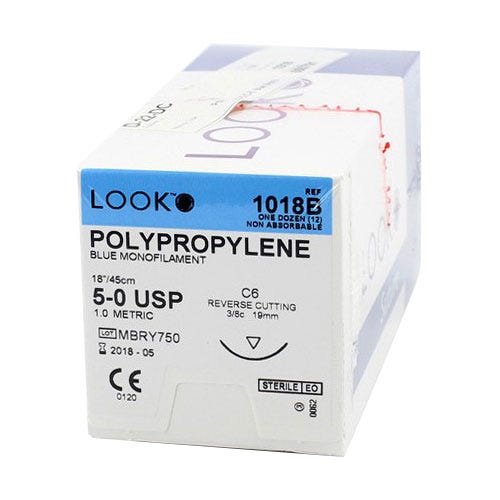 Polypropylene Blue Monofilament Sutures, 5-0, C-6, Reverse Cutting, 18" - 12/Box