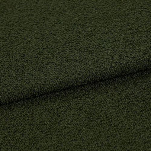 Dark oliveâ€‘green bouclÃ© fabric, folded in a shallow horizontal overlap, showing dense looped texture; close-up studio view emphasizing a tactile, slightly shadowed surface.