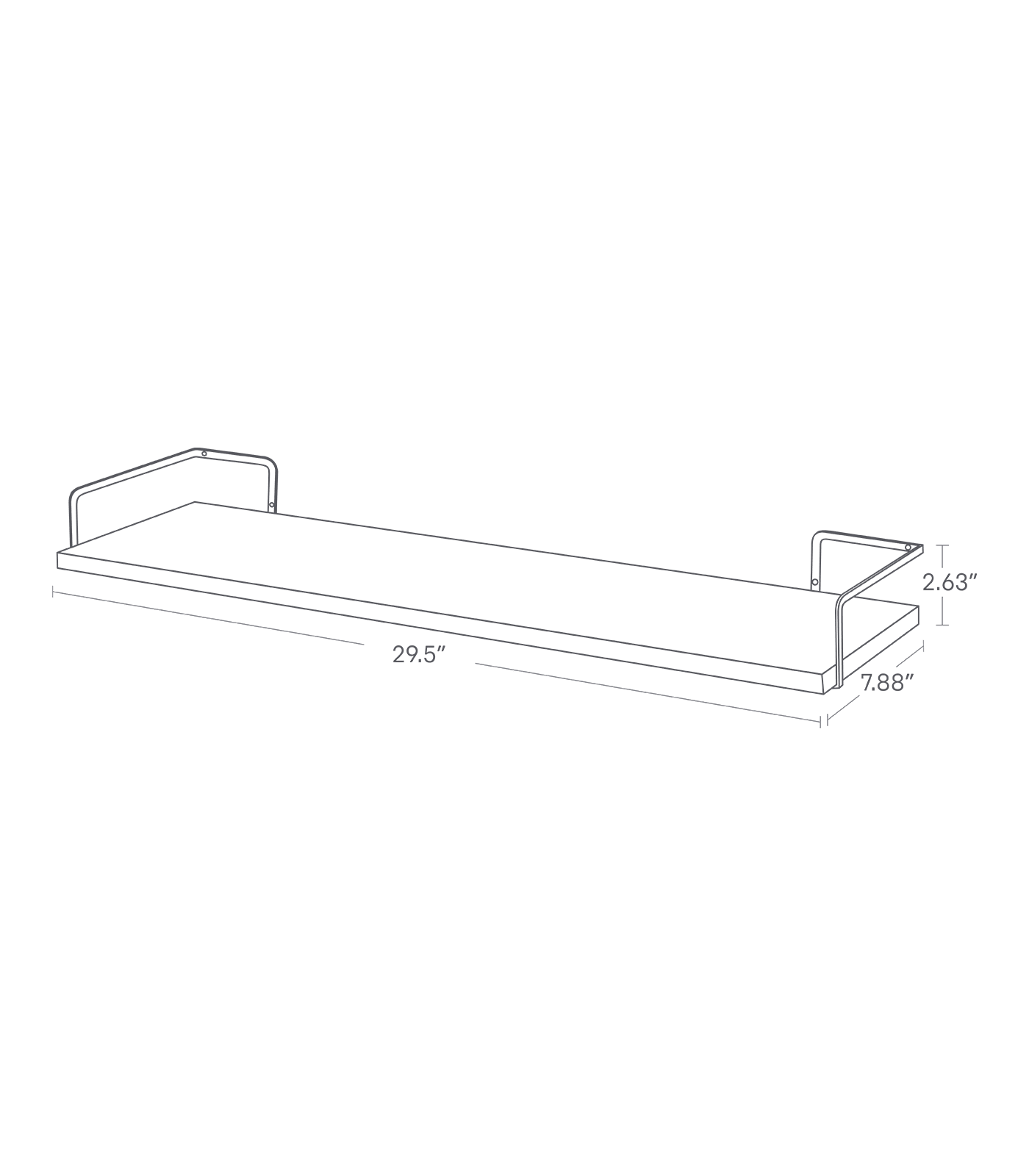 Image dimensionnelle pour étagère murale sur fond blanc montrant une longueur de 29,5 ", une largeur de 7,88 ", la hauteur du cadre conique de 2,63 ".