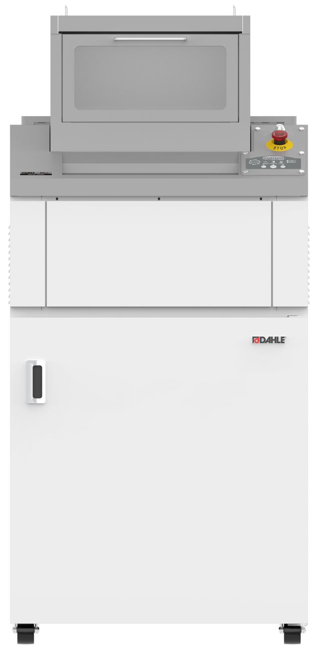 The Dahle PowerTEC® 909 HS- Hopper Shredder destroys large quantities of sensitive documents and optical media.