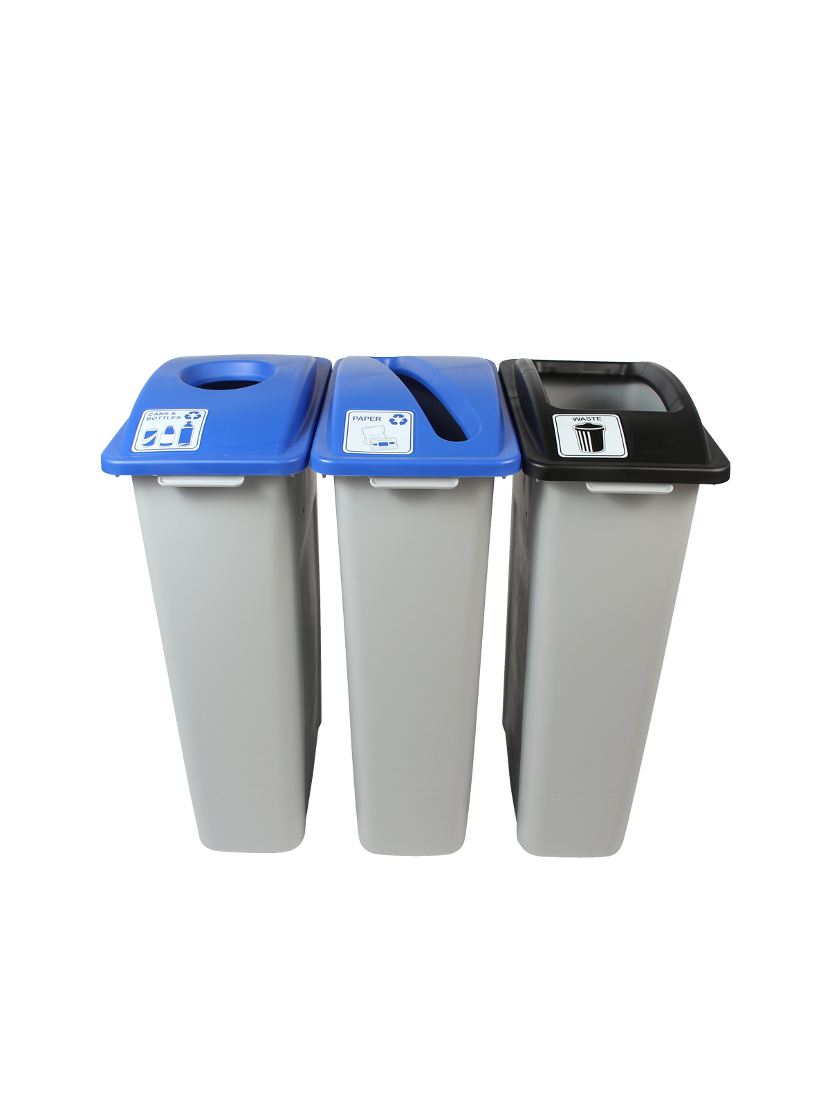 WASTE WATCHER – Triple – Kit – Cans & Bottles-Paper-Waste – Circle-Slot-Full – Grey-Blue-Blue-Black