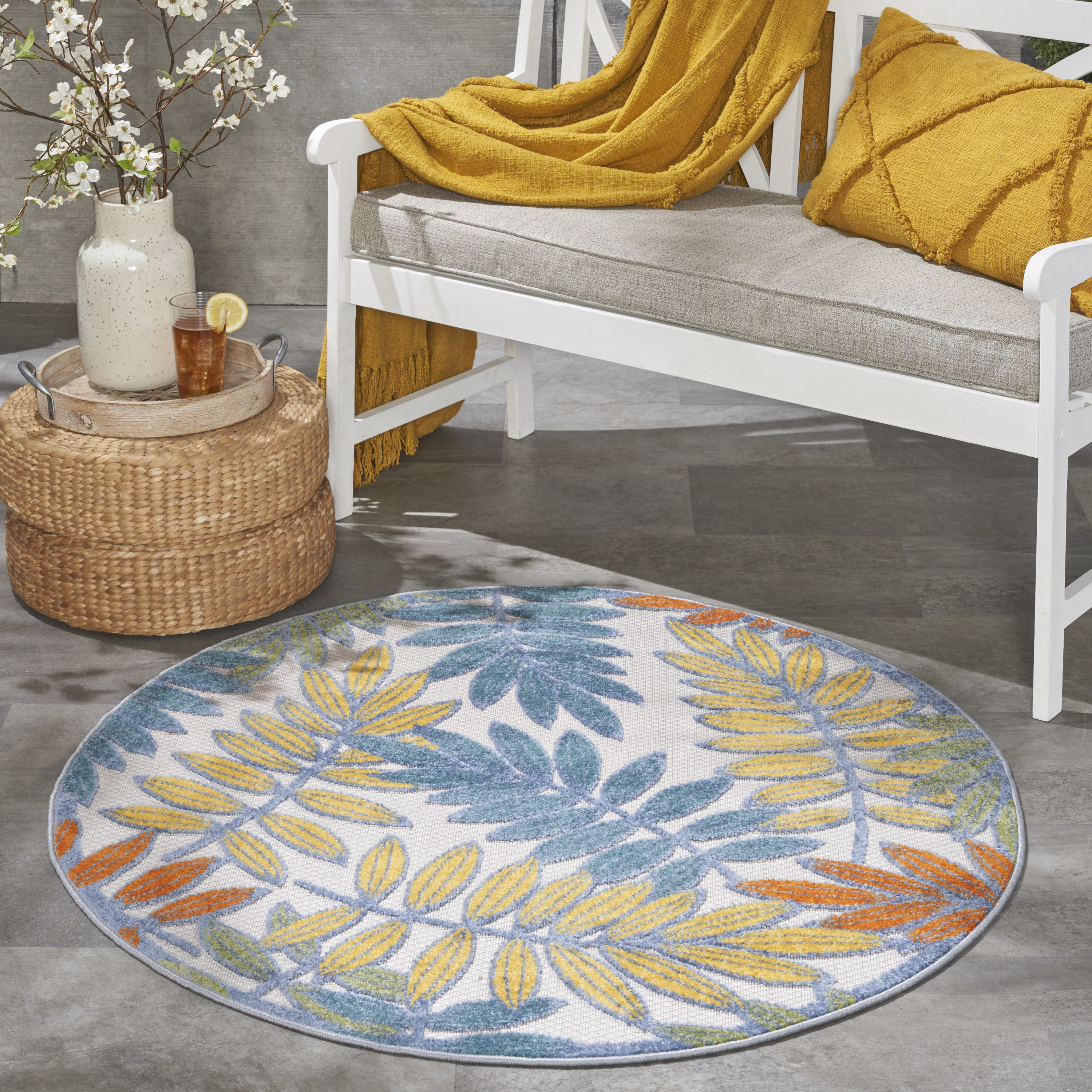 Nourison Aloha 5'3" x Round Ivory Multicolor Tropical Rug