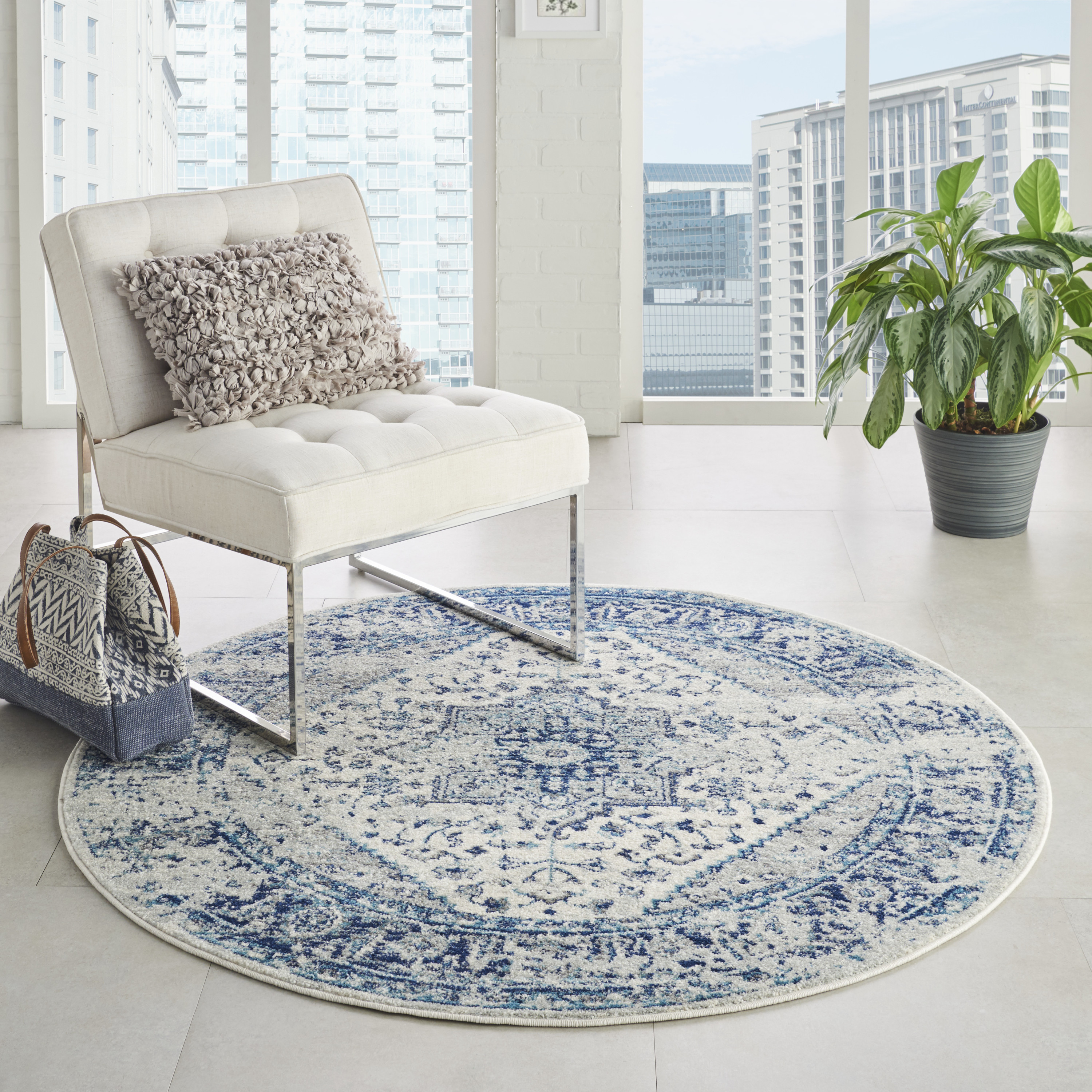 Nourison Tranquil 4' x Round Ivory Light Blue Vintage Indoor Rug