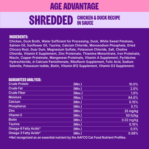 <p>Chicken, Duck Broth, Water Sufficient for Processing, Duck, White Sweet Potatoes, Salmon Oil, Sunflower Oil, Taurine, Calcium Chloride, Monosodium Phosphate, Dried Chicory Root, Guar Gum, Magnesium Sulfate, Potassium Chloride, Salt, Choline Chloride, Vitamin E Supplement, Zinc Proteinate, Thiamine Mononitrate, Iron Proteinate, Niacin, Copper Proteinate, Manganese Proteinate, Vitamin A Supplement, Pyridoxine Hydrochloride, d-Calcium Pantothenate, Riboflavin Supplement, Folic Acid, Sodium Selenite, Potassium Iodide, Biotin, Vitamin B12 Supplement, Vitamin D3 Supplement.</p>
