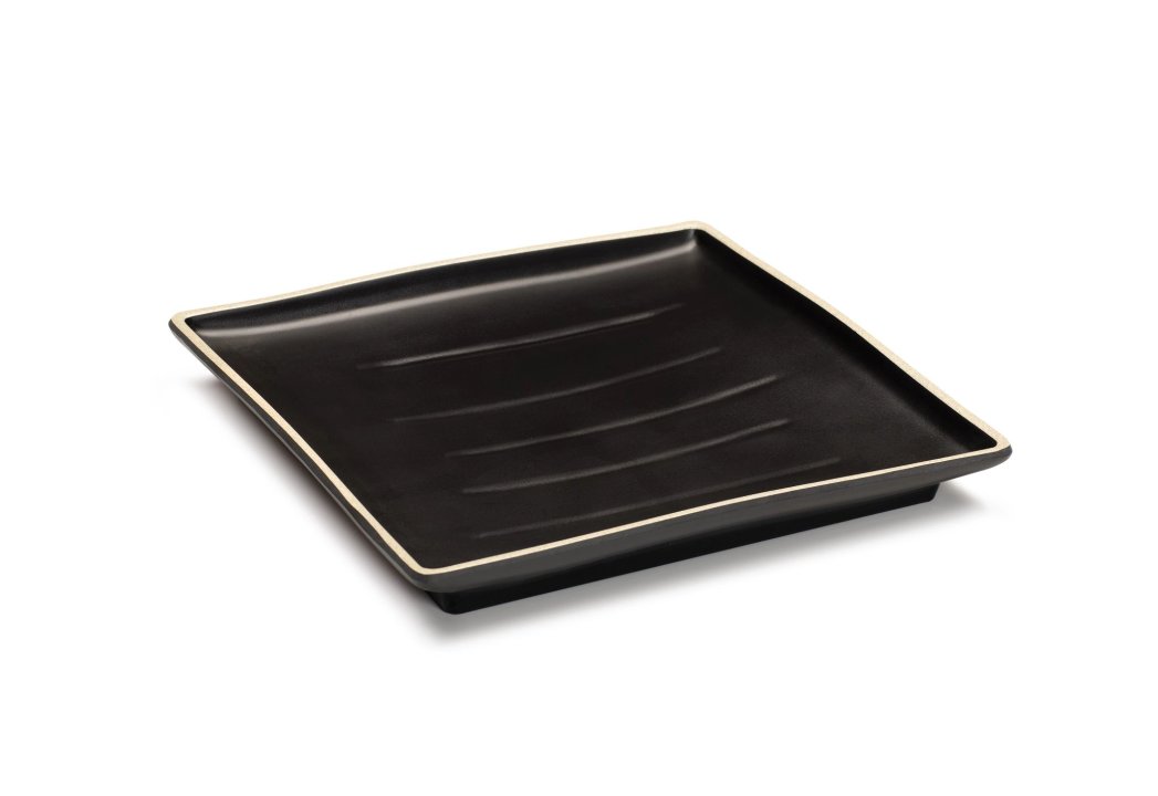 Bandeja cuadrada Terracota 20.5 centímetros de melamina en negro con borde bronceado