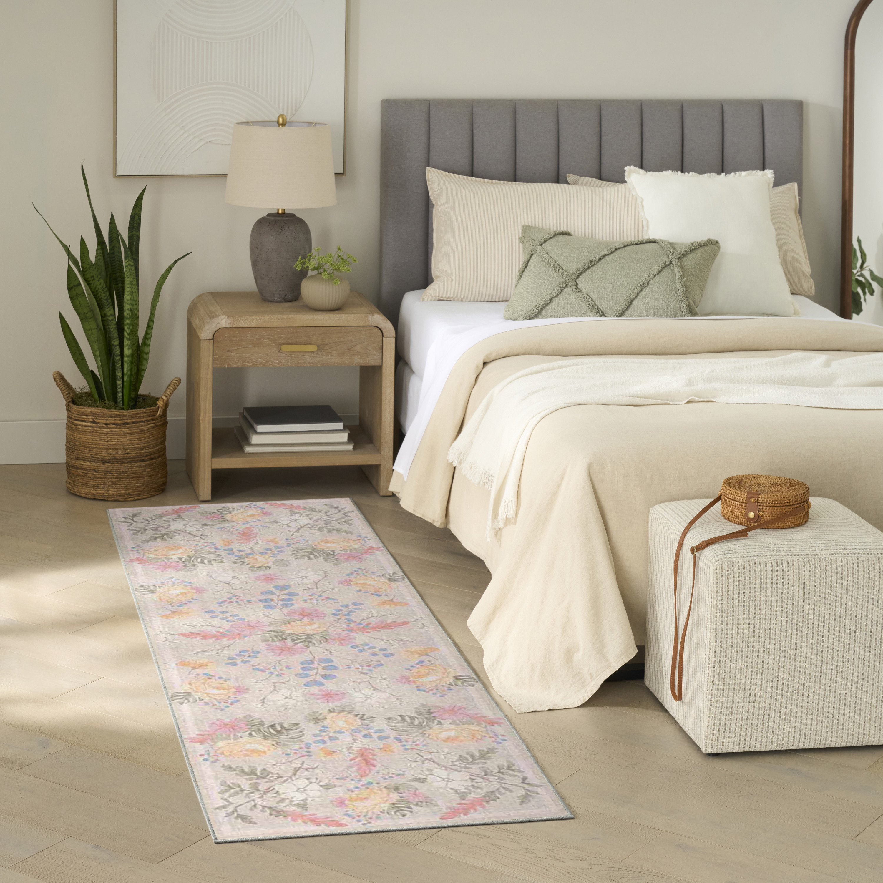 Nourison Botanical Washables 2' x 6' Beige Multicolor Farmhouse Indoor Rug
