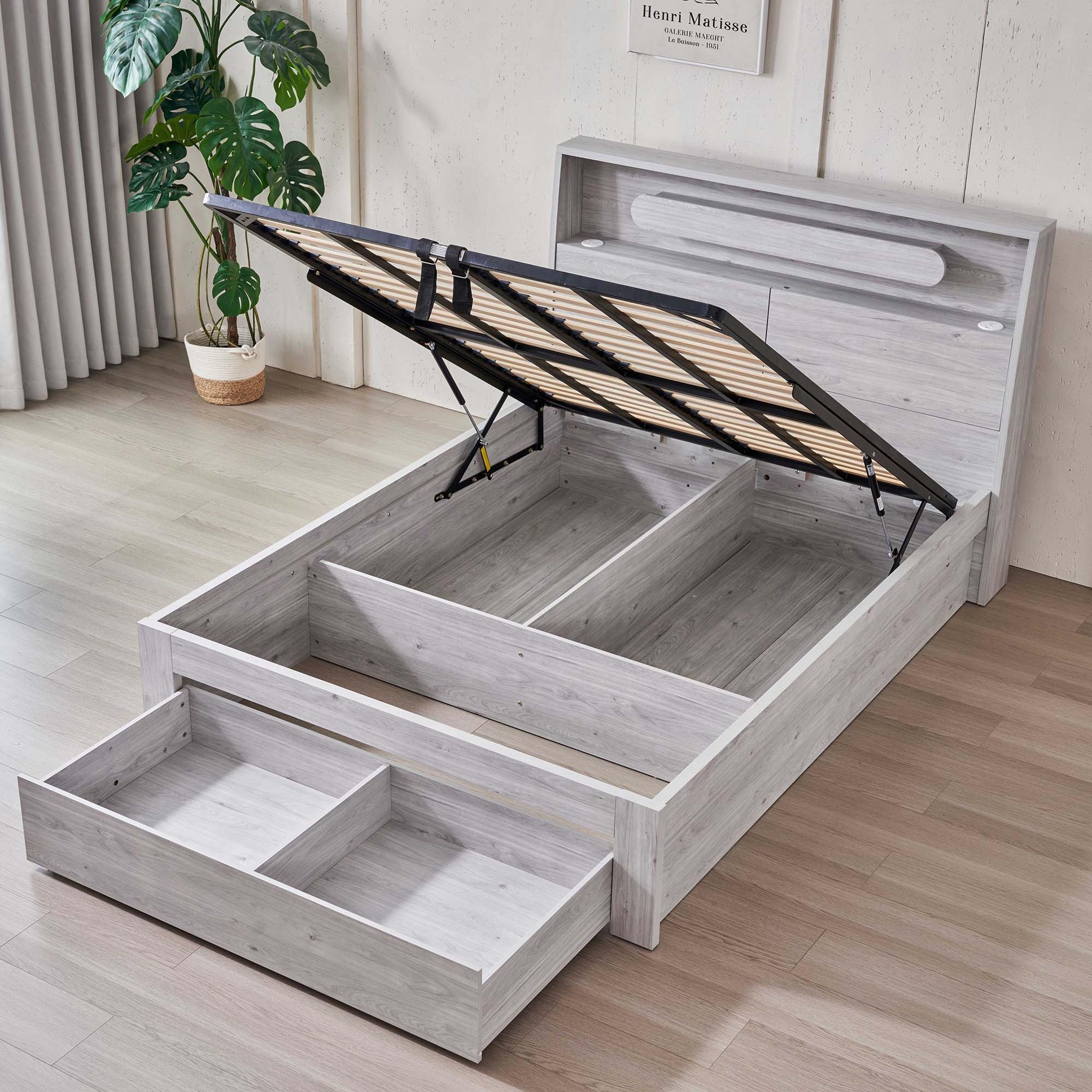 Product image of the  Nova Bed Frame, Front Slat Gas Lift & End Drawer Base, Stone Oak from Forty Winks