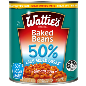 wattie's® baked beans in tomato sauce 50% less added sugar* 3kg x 3 image