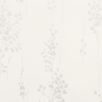 Pale floral wallpaper with faint vertical vine motifs (object), covering the surface and repeating subtly (action), shown close-up on an evenly lit, neutral interior wall (context).