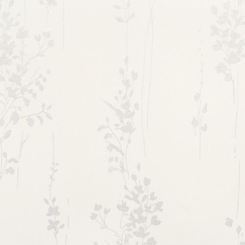 Pale floral wallpaper with faint vertical vine motifs (object), covering the surface and repeating subtly (action), shown close-up on an evenly lit, neutral interior wall (context).