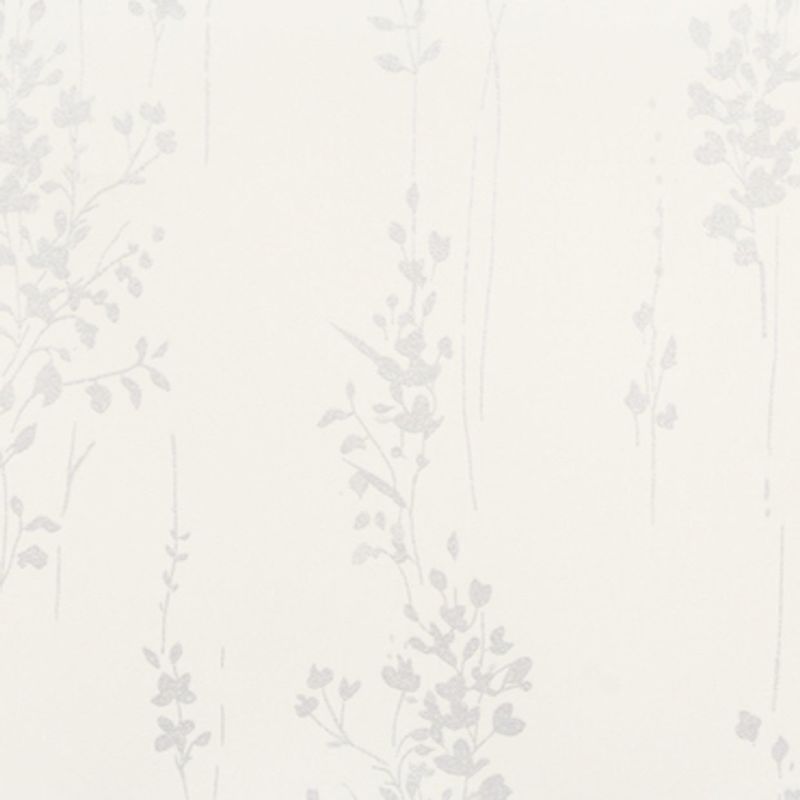 Pale floral wallpaper with faint vertical vine motifs (object), covering the surface and repeating subtly (action), shown close-up on an evenly lit, neutral interior wall (context).