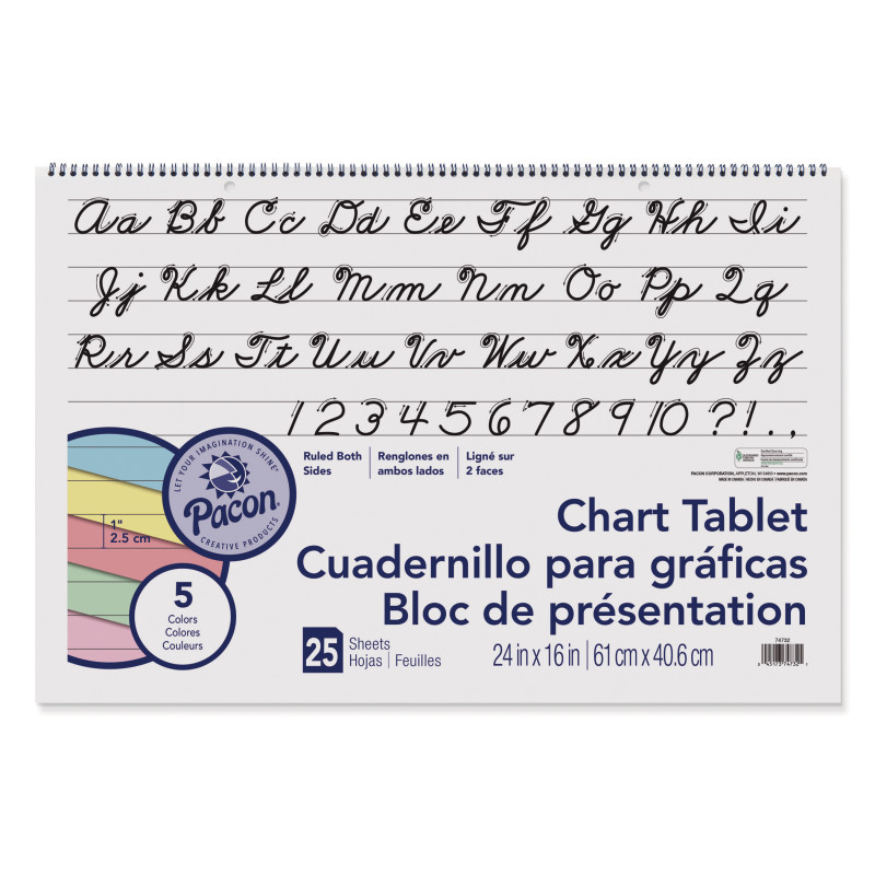 Colored Paper Chart Tablet, Cursive Cover, 5 Assorted Colors, 1" Ruled, 24" x 16", 25 Sheets