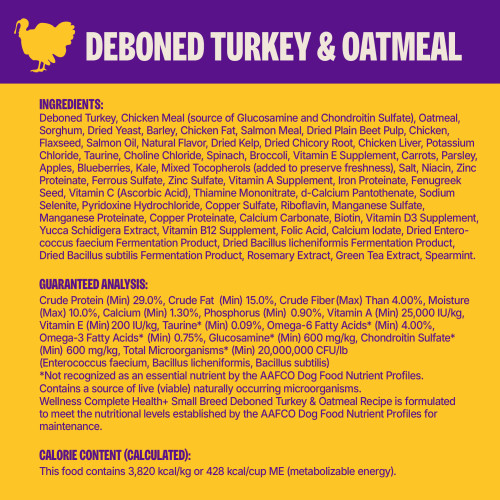 <p>Deboned Turkey, Chicken Meal (source of Glucosamine and Chondroitin Sulfate), Oatmeal, Sorghum, Dried Yeast, Barley, Chicken Fat, Salmon Meal, Dried Plain Beet Pulp, Chicken, Flaxseed, Salmon Oil, Natural Flavor, Dried Kelp, Dried Chicory Root, Chicken Liver, Potassium Chloride, Taurine, Choline Chloride, Spinach, Broccoli, Vitamin E Supplement, Carrots, Parsley, Apples, Blueberries, Kale, Mixed Tocopherols (added to preserve freshness), Salt, Niacin, Zinc Proteinate, Ferrous Sulfate, Zinc Sulfate, Vitamin A Supplement, Iron Proteinate, Fenugreek Seed, Vitamin C (Ascorbic Acid), Thiamine Mononitrate, d-Calcium Pantothenate, Sodium Selenite, Pyridoxine Hydrochloride, Copper Sulfate, Riboflavin, Manganese Sulfate, Manganese Proteinate, Copper Proteinate, Calcium Carbonate, Biotin, Vitamin D3 Supplement, Yucca Schidigera Extract, Vitamin B12 Supplement, Folic Acid, Calcium Iodate, Dried Enterococcus faecium Fermentation Product, Dried Bacillus licheniformis Fermentation Product, Dried Bacillus subtilis Fermentation Product, Rosemary Extract, Green Tea Extract, Spearmint.									</p>
