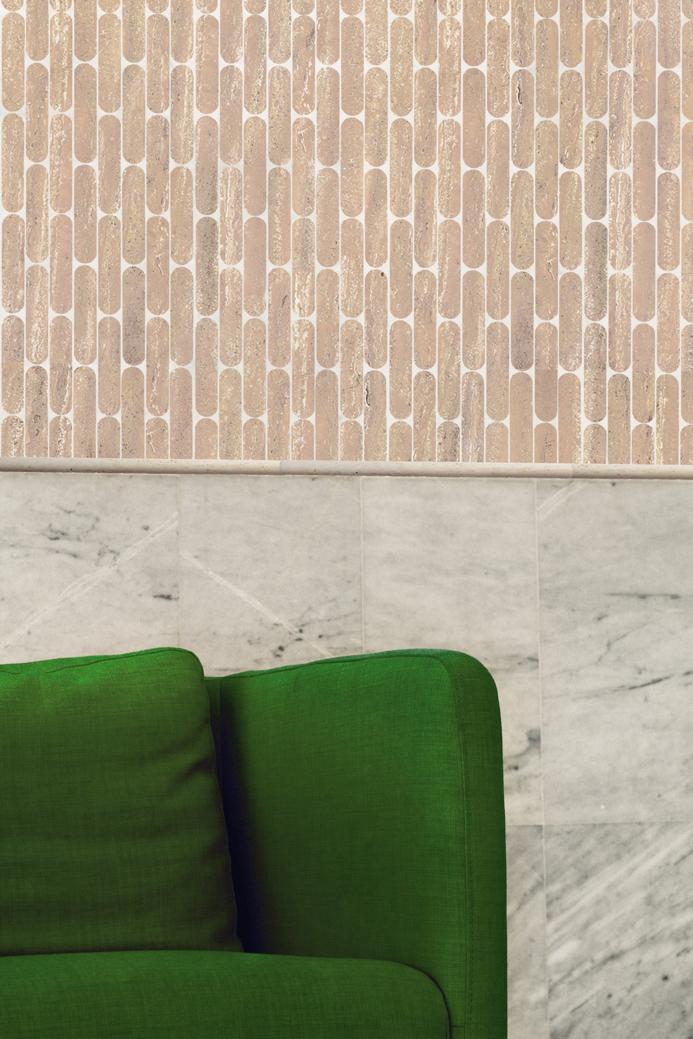 a green couch in front of a marble and tiled wall.