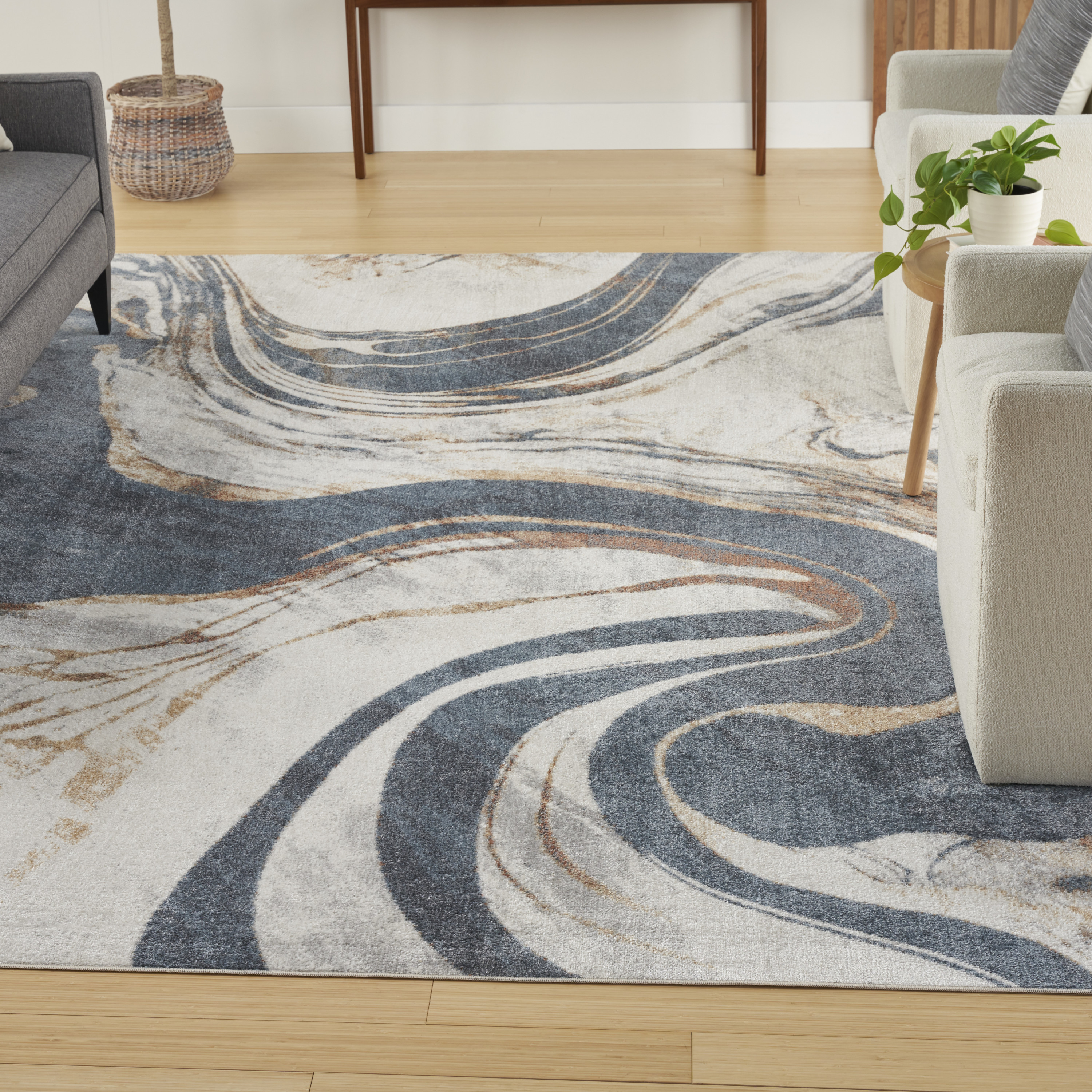 Nourison Astra Machine Washable 6'7" x 9' Ivory Blue Modern Indoor Rug
