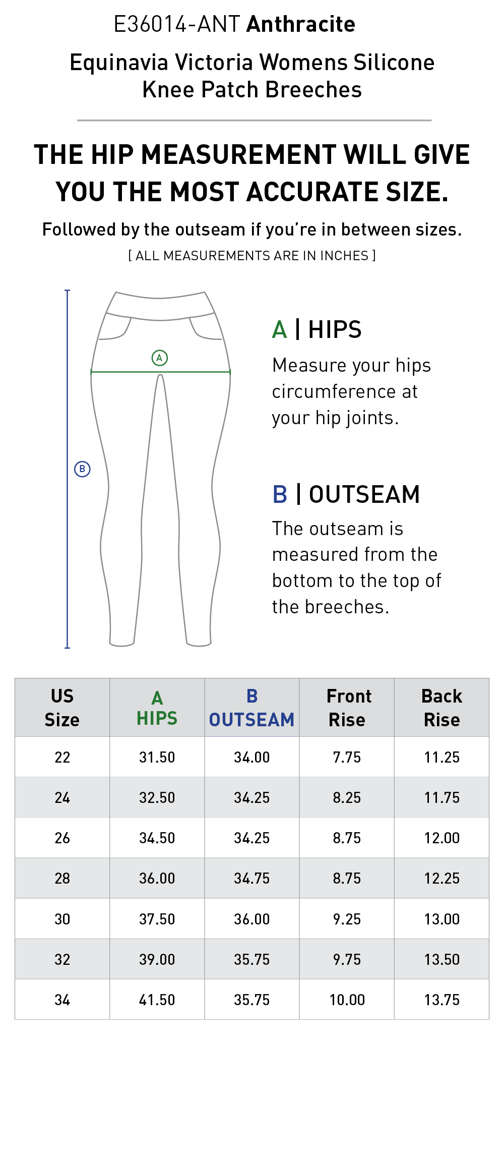 Size chart for Equinavia Victoria Womens Silicone Knee Patch Breeches - Anthracite