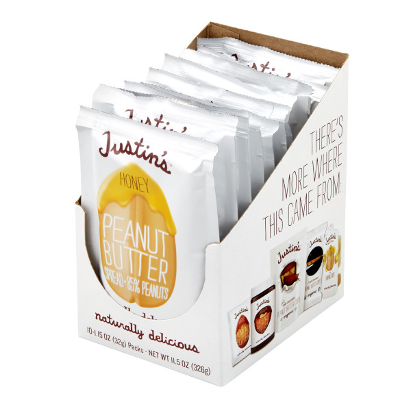 JUSTIN'S (r) Honey Peanut Butter 1.15 oz Squeeze Pack . C1RP - Front Right Pallet/Display (Hi Res)