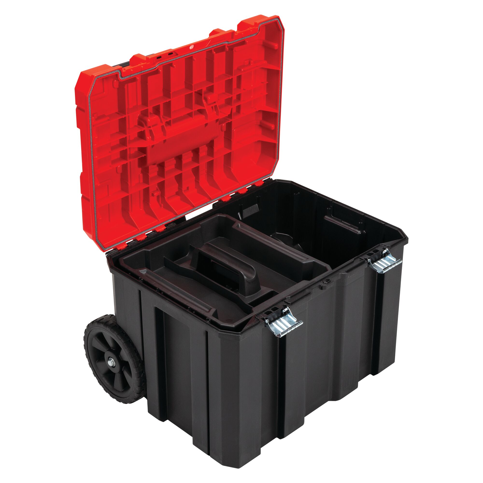 Large volume storage of Versastack system 20 inch red plastic wheeled lockable tool box.