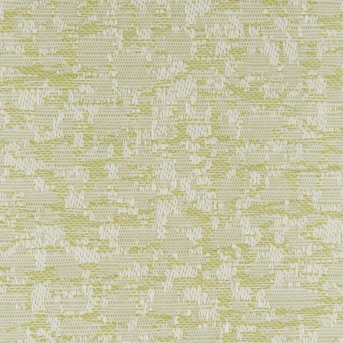 Woven fabric swatch—pale yellow-green and off-white—showing an irregular abstract pattern and subtle raised texture; presented close-up under even, neutral lighting with no surroundings.