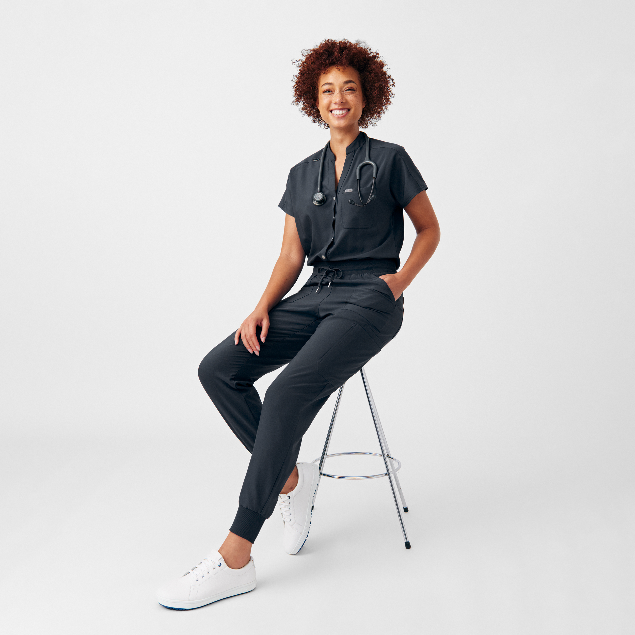 Landau Forward LO603 Women&#8216;s 8-Pocket 4-Way Stretch Snap Front Breathable Cargo Scrub Jumpsuit with Rib-Knit Waist Back Panel and Leg Cuffs-Landau