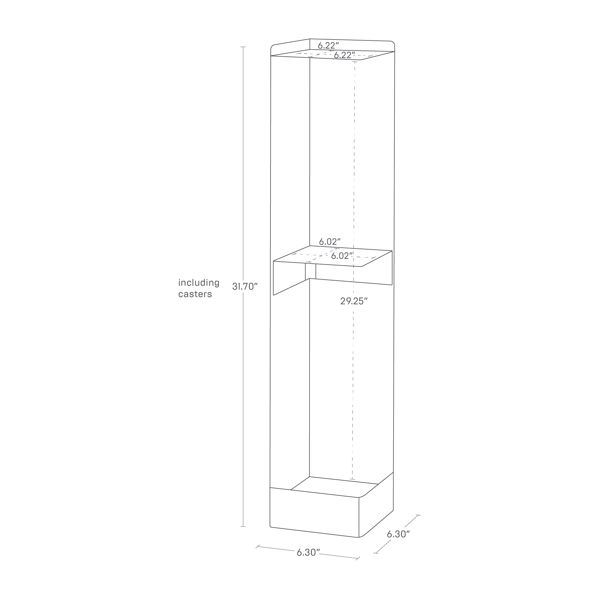 The image shows a rolling bathroom organizer with dimensions: height is 31.70" including casters, width is 6.30", and depth is 6.30". The top shelf is 6.22" by 6.22". The middle shelf is 6.02" by 6.02", positioned 29.25" from the bottom.