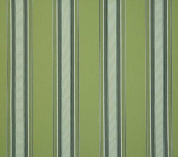 Vertical striped wallpaper with alternating light and darker sage-green bands and thin pale-blue and white lines — running continuously — covering an interior wall with subtle fabric texture under even, diffuse lighting.