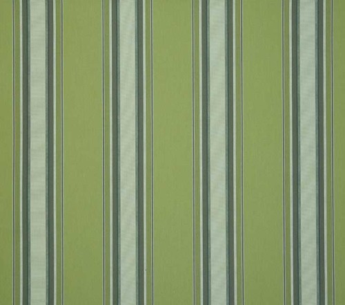 Vertical striped wallpaper with alternating light and darker sage-green bands and thin pale-blue and white lines â€” running continuously â€” covering an interior wall with subtle fabric texture under even, diffuse lighting.