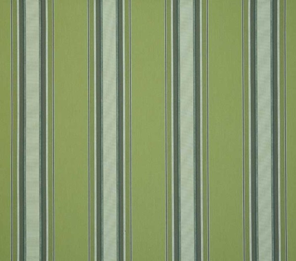 Vertical striped wallpaper with alternating light and darker sage-green bands and thin pale-blue and white lines — running continuously — covering an interior wall with subtle fabric texture under even, diffuse lighting.