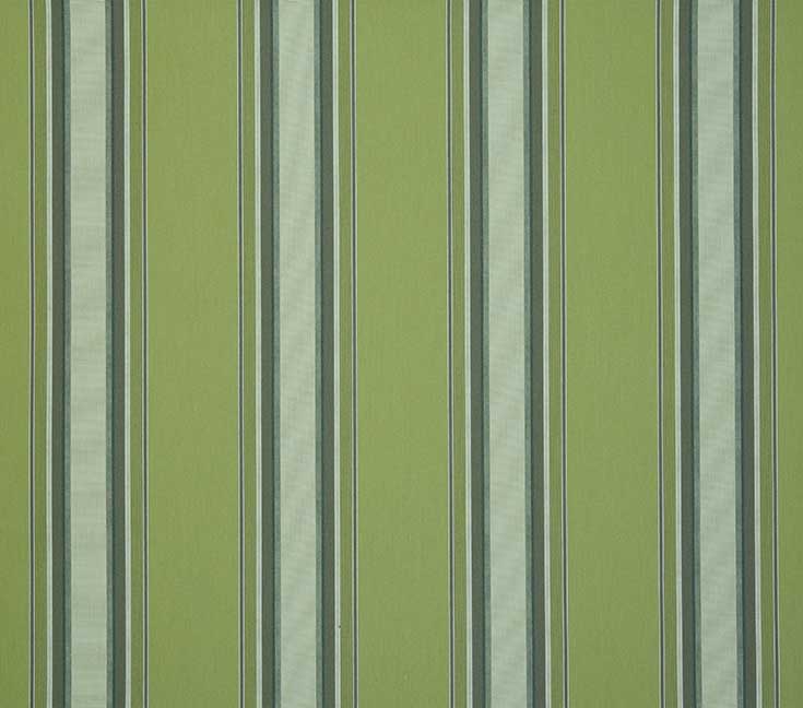 Vertical striped wallpaper with alternating light and darker sage-green bands and thin pale-blue and white lines â€” running continuously â€” covering an interior wall with subtle fabric texture under even, diffuse lighting.