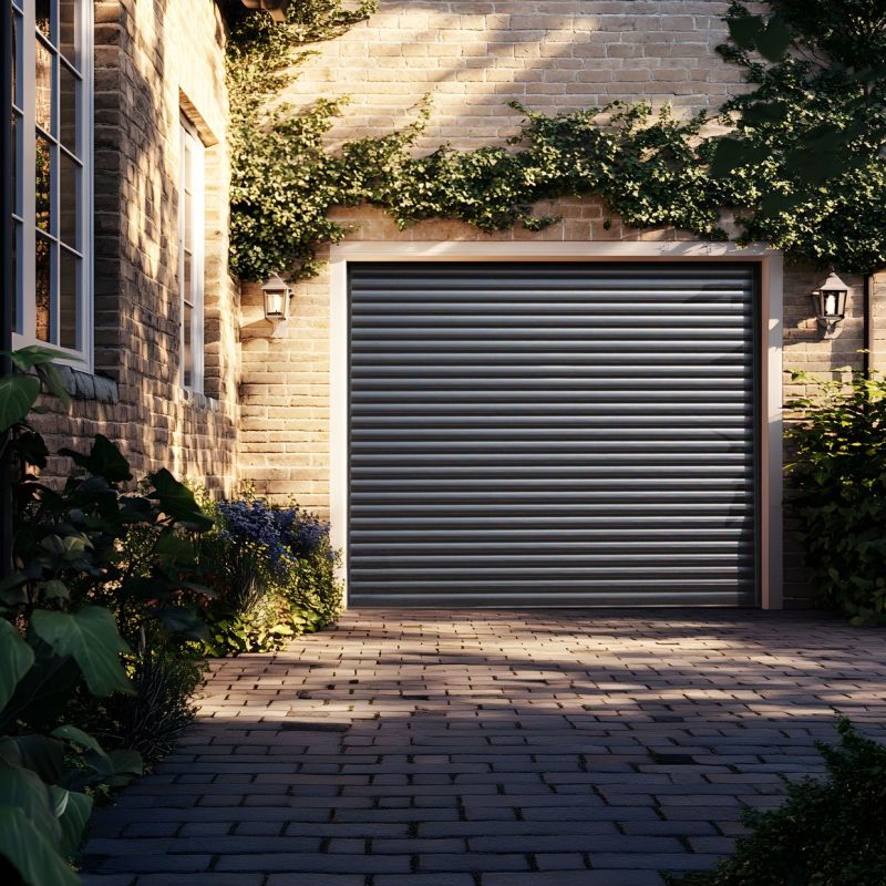 Horizontally ribbed metal roller garage door, closed and reflecting warm sunlight; set in a brick facade framed by climbing ivy, lanterns, opening onto a sunlit paved driveway bordered by plants.