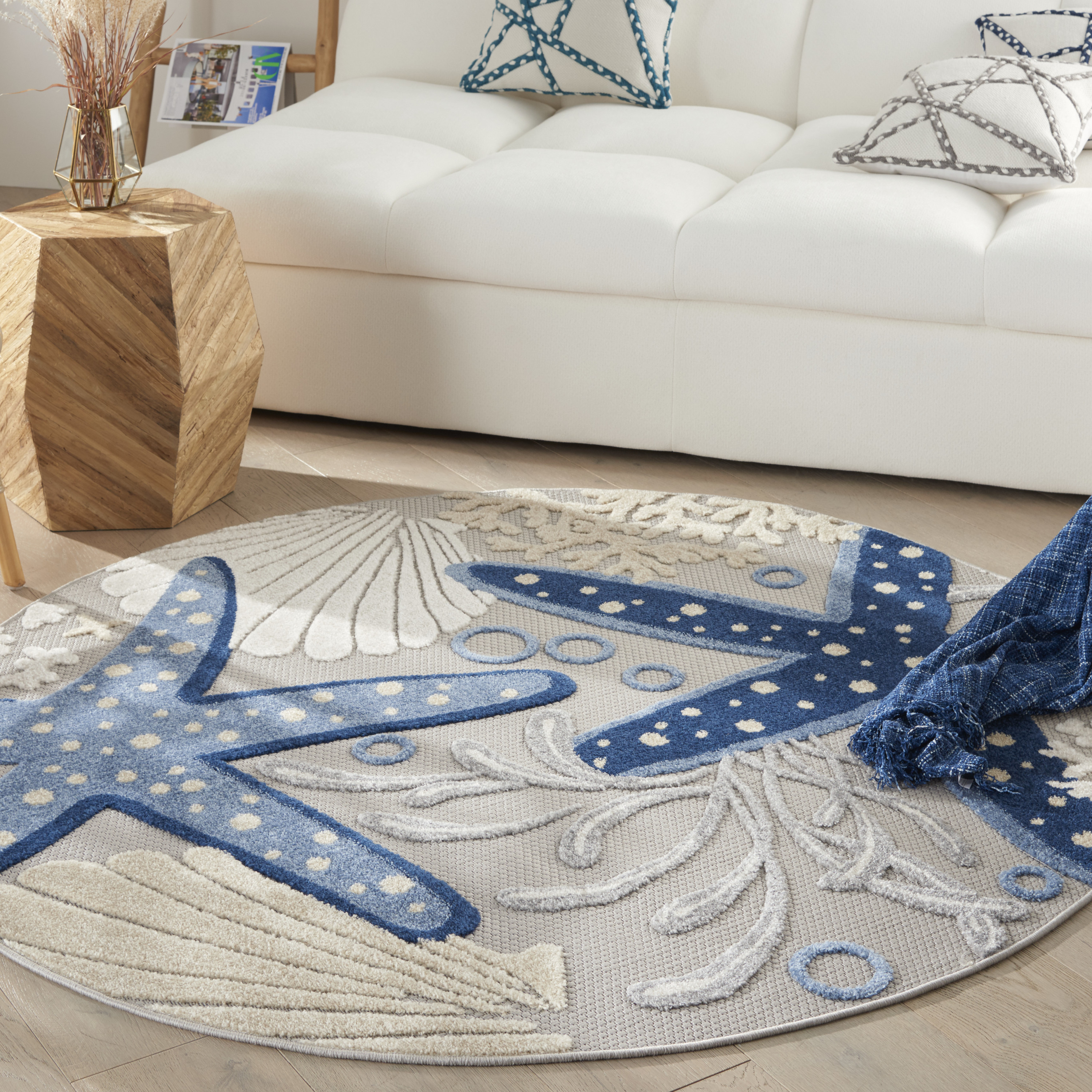 Nourison Aloha 5'3" x Round Blue Grey Coastal, Nautical & Beach Rug