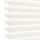 White horizontal pleated cellular blind with scalloped edges, fully lowered and closed, filtering bright daylight; close-up view showing soft shadowed ridges against a pale background.