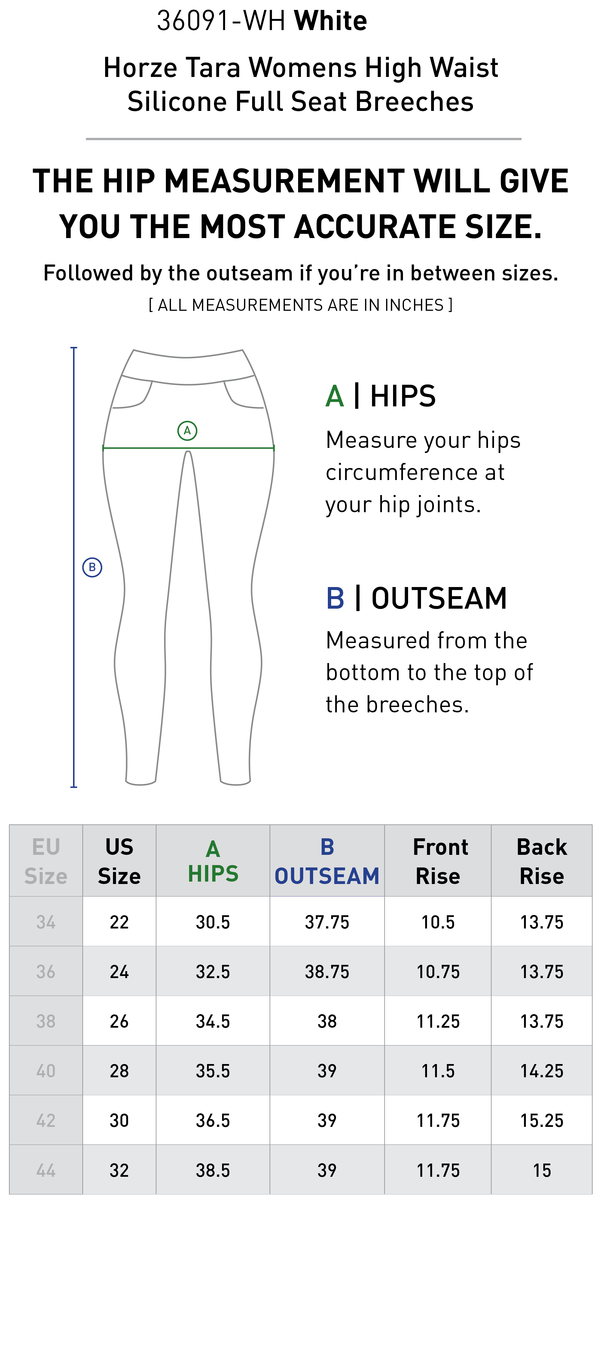 Size chart for Horze Tara Womens High Waist Silicone Full Seat Breeches - White