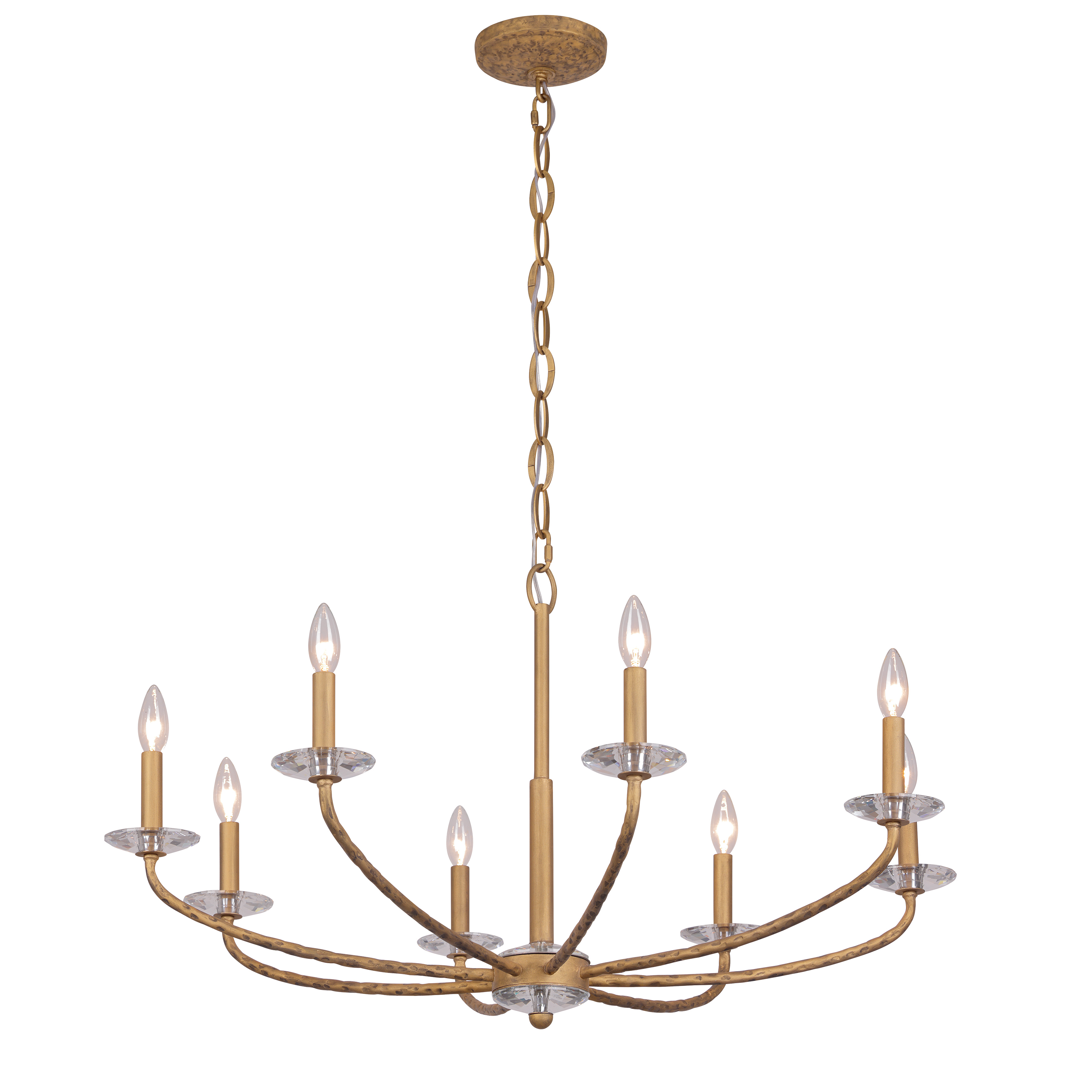The Atella chandelier combines traditional elegance with artisanal craftsmanship. Featuring eight candelabra lights, hammered arms in Ashen Gold finish, and faceted crystal bobeches, this 36-inch fixture creates sophisticated ambiance. - alternate view