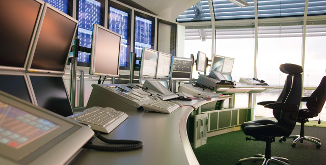 Novus monitor arms are ideal for creating the complex monitor banks used in air traffic, highway, and waterway control rooms.