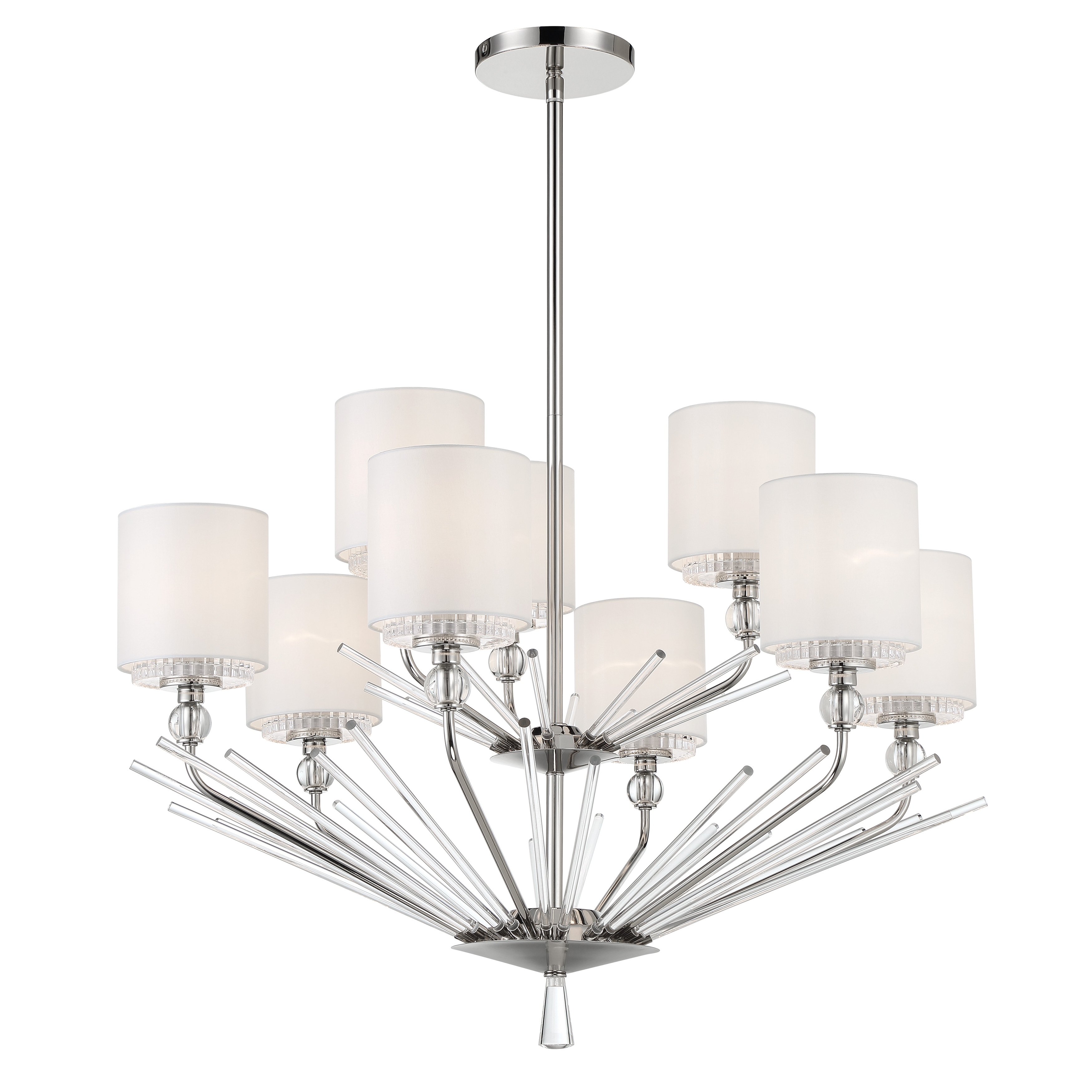 The Sutton chandelier by Robin Baron combines classic elegance with refined materials. Nine lights provide ample illumination through white silk fabric shades accented with clear ribbed glass details, all finished in lustrous polished nickel. - alternate view