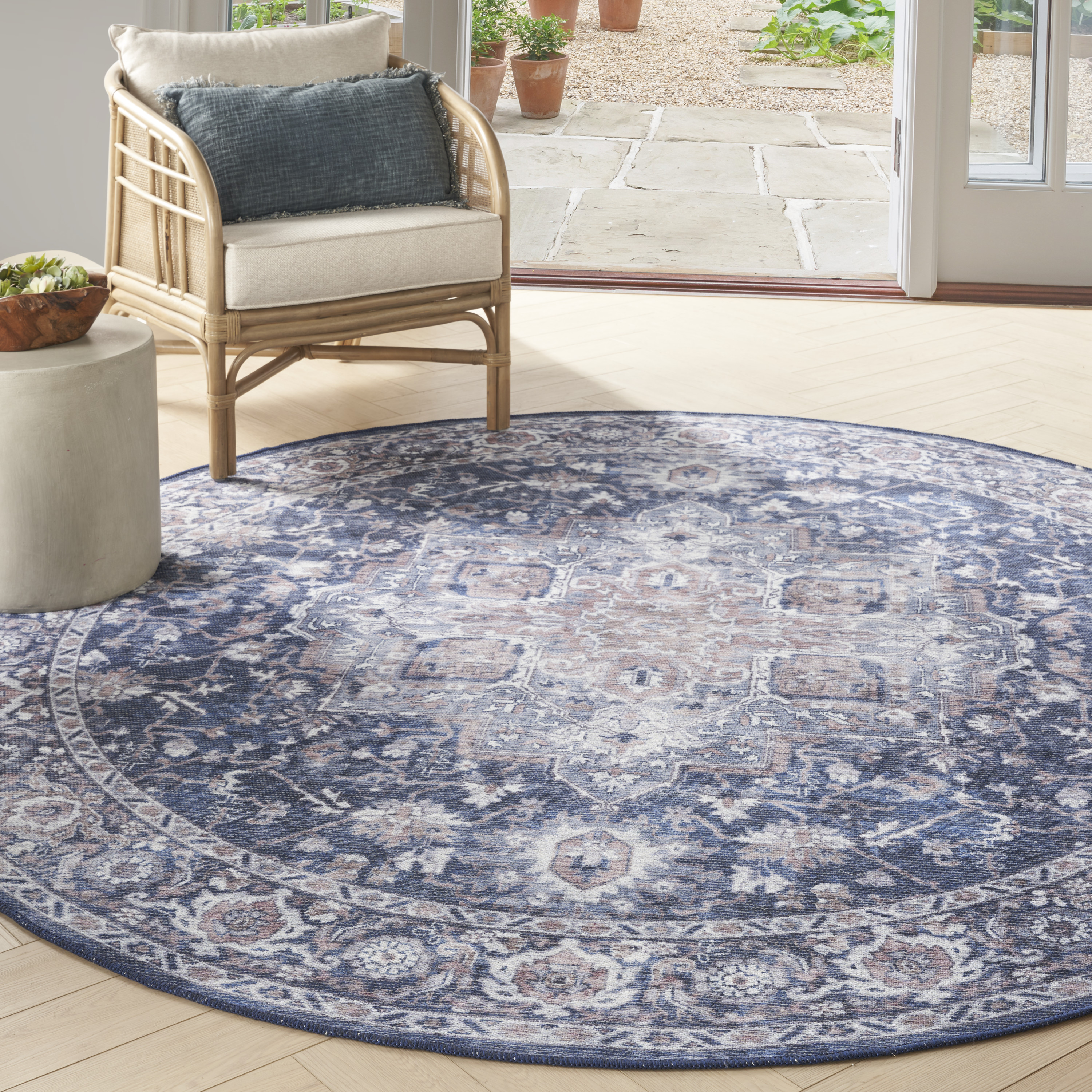 Nourison New Concept Washables 7'10" x Round Ivory Navy Vintage Indoor Rug