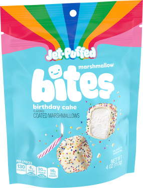 Jet-Puffed Marshmallow Bites Birthday Cake Flavored Coated Marshmallows, 4 oz Resealable Bag