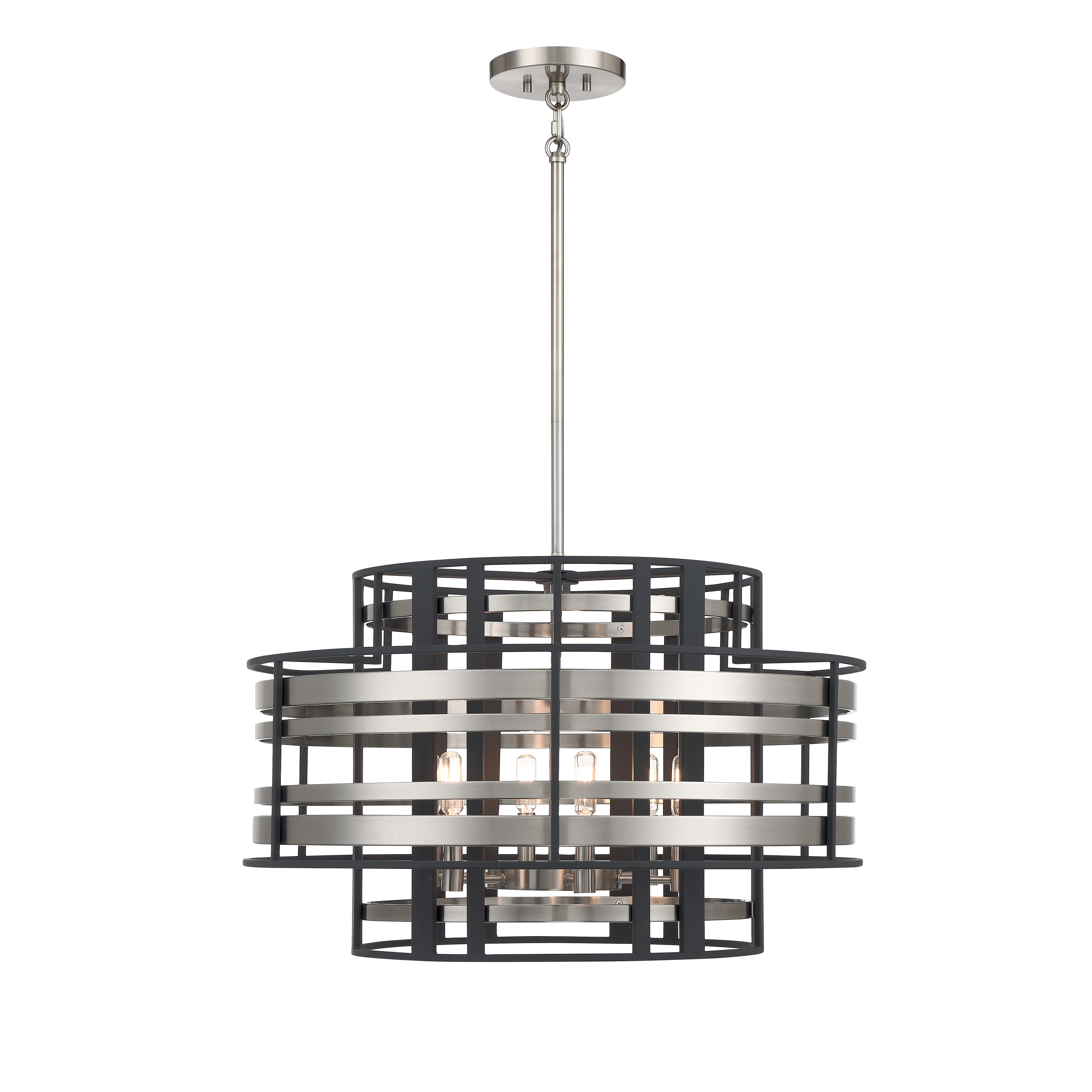 The Presten pendant combines brushed nickel with distinctive sand coal highlights for a sophisticated contemporary look. Its 28-inch width and 6-light configuration provide excellent illumination for medium-sized spaces while the dimmable feature offers ambiance control. - alternate view