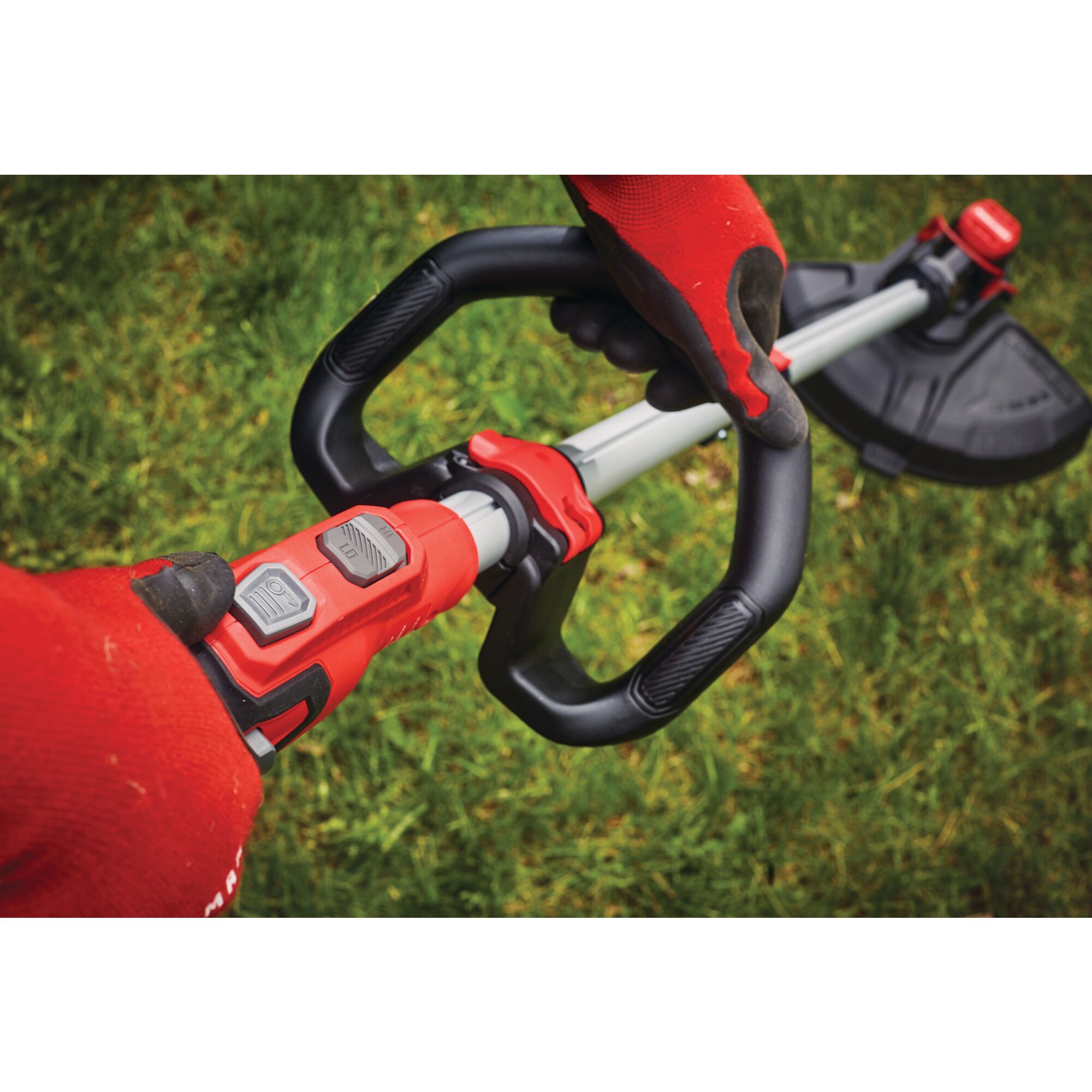Adjustable pole feature of 20 volt cordless 13 inch weedwacker string trimmer edger with push button feed.