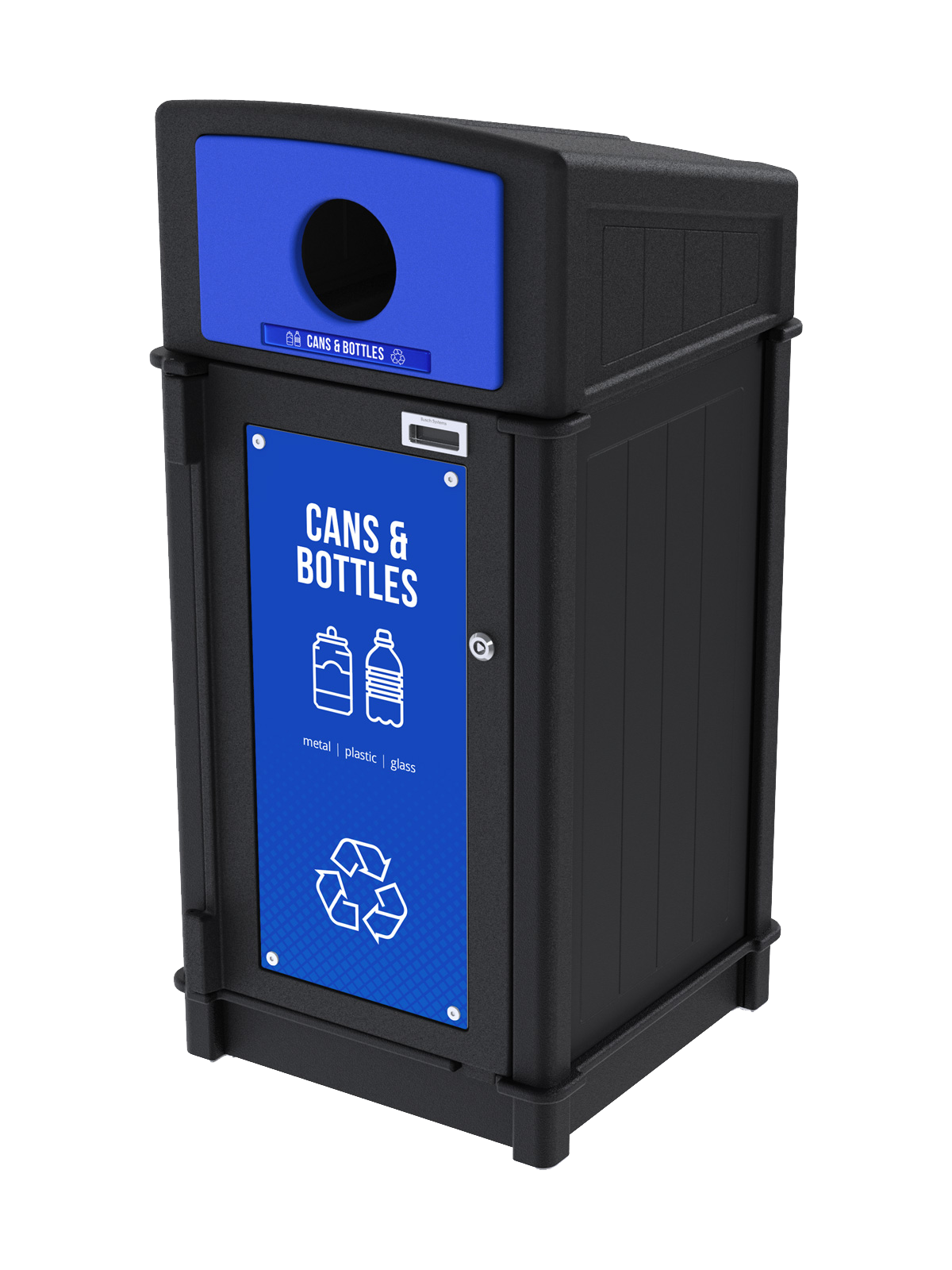 black recycled plastic recycling container with sloped canopy lid for collecting cans and bottles outdoors with stock door sign and label