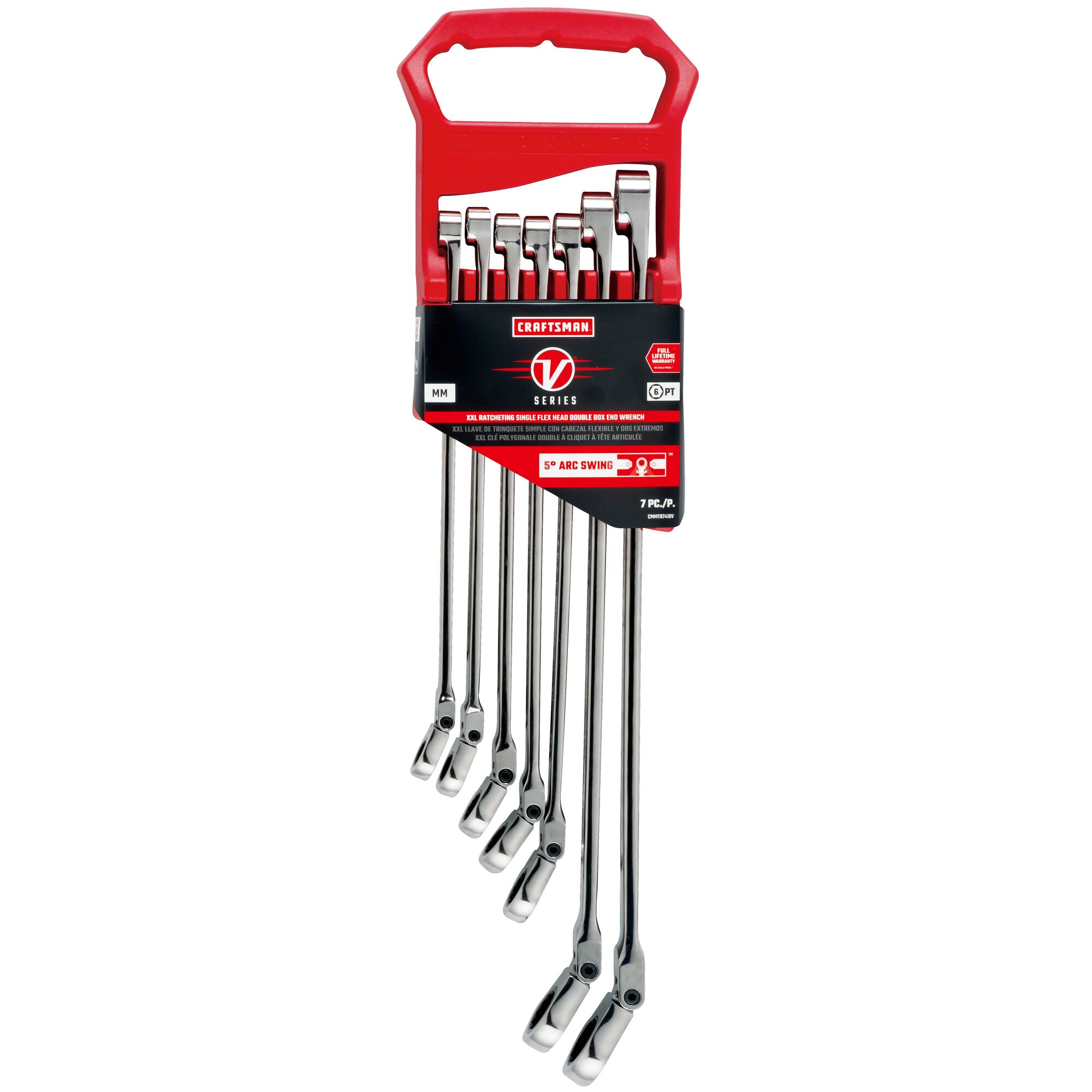V series XXL metric ratcheting single flex head double box end wrench set (7 piece) in packaging.